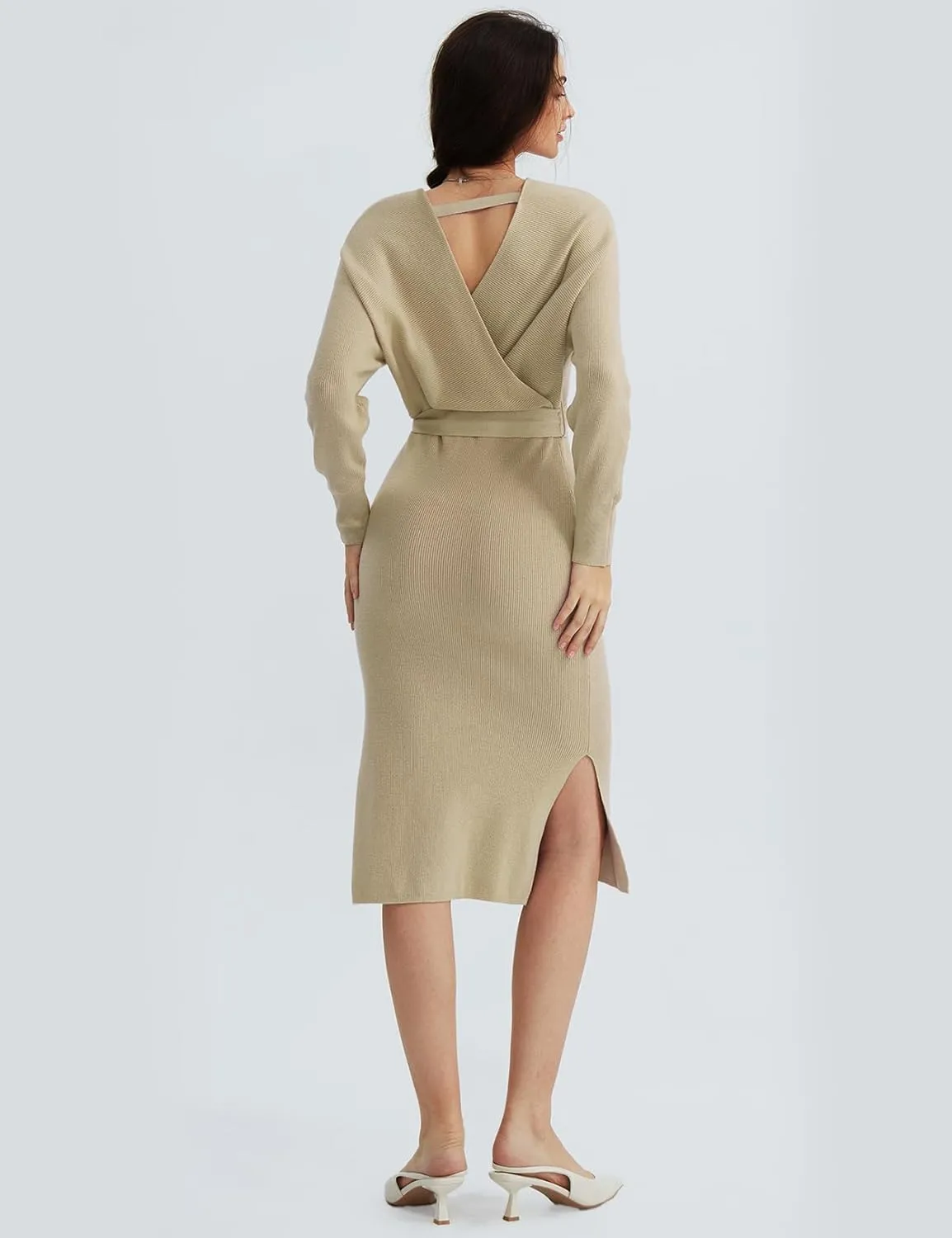 CHERFLY Women's V Neck Sweater Dresses Batwing Long Sleeve Backless Bodycon Long Dress with Belt
