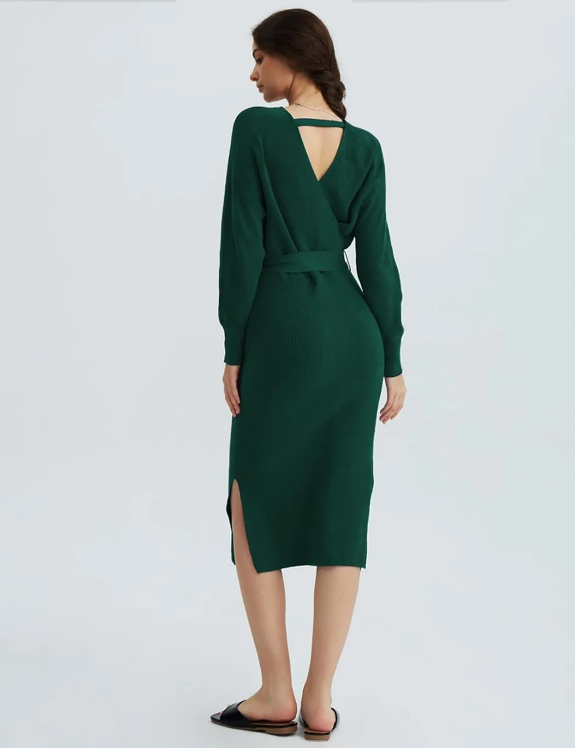 CHERFLY Women's V Neck Sweater Dresses Batwing Long Sleeve Backless Bodycon Long Dress with Belt