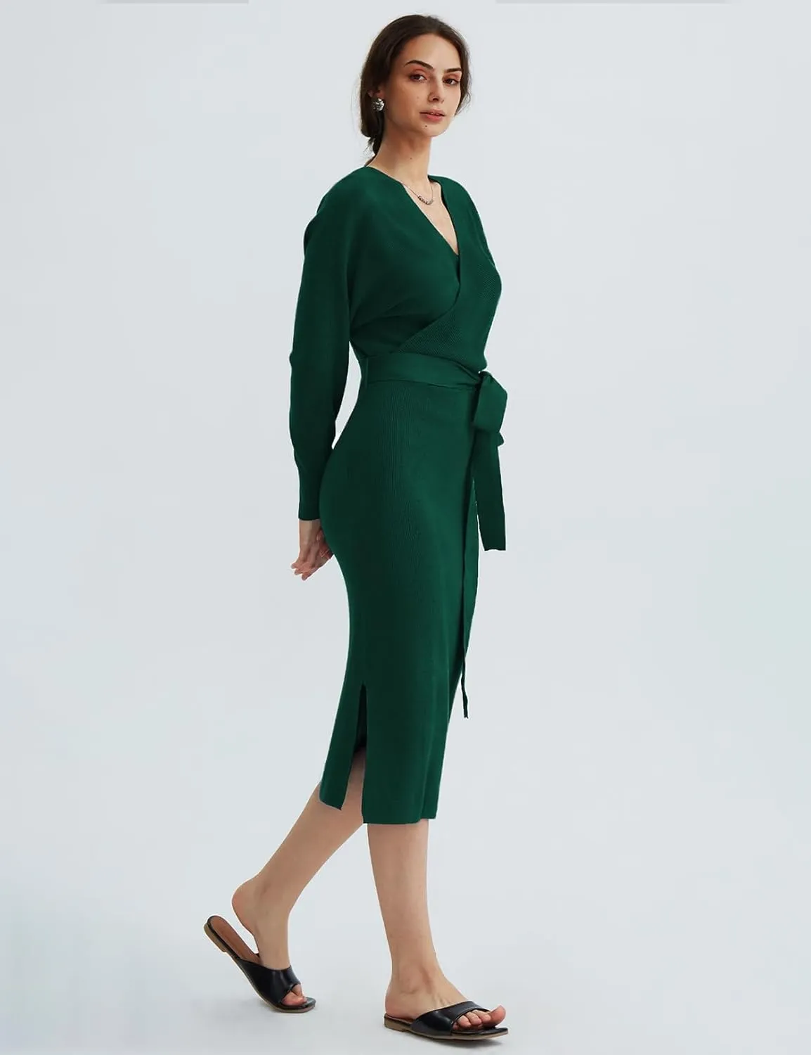 CHERFLY Women's V Neck Sweater Dresses Batwing Long Sleeve Backless Bodycon Long Dress with Belt