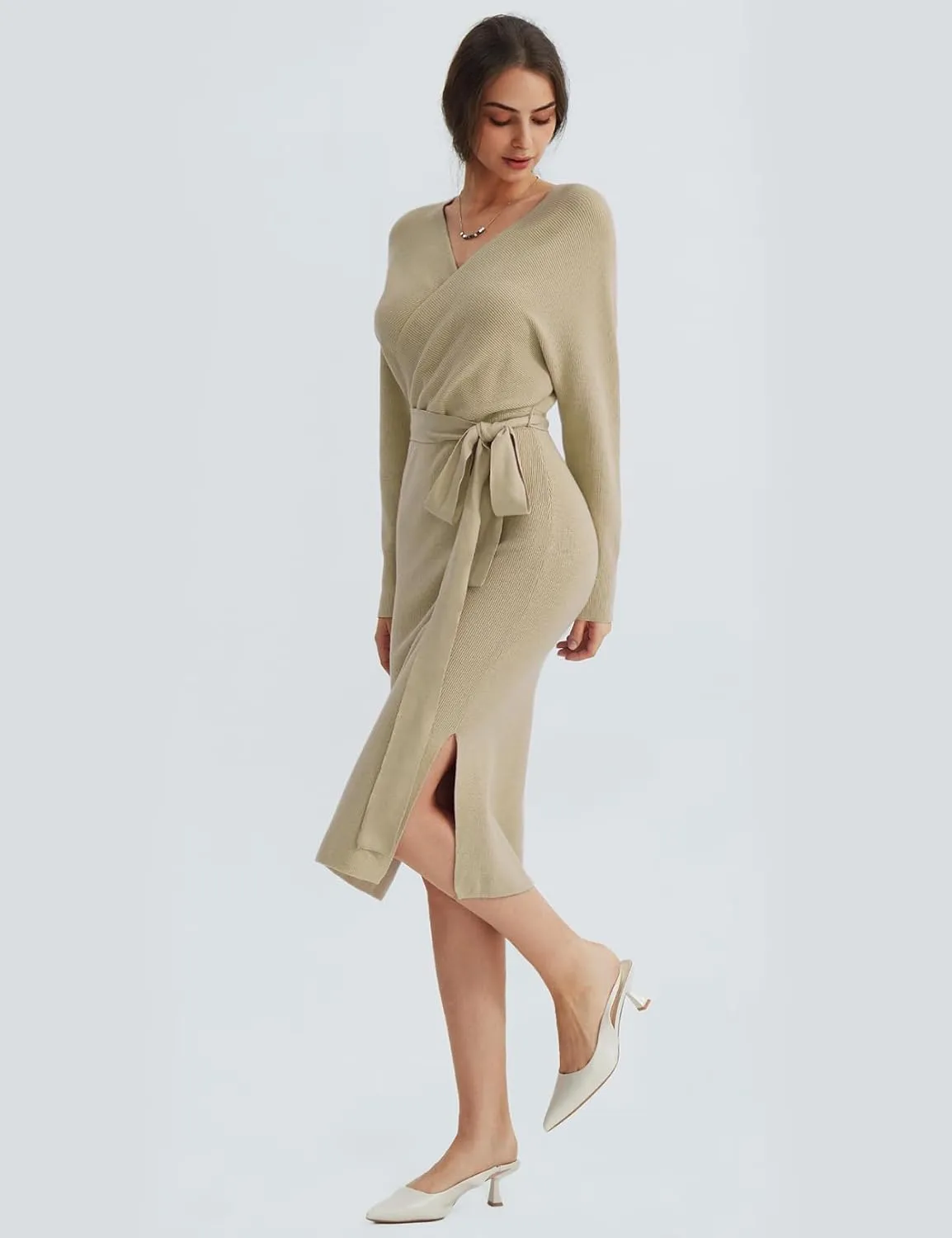 CHERFLY Women's V Neck Sweater Dresses Batwing Long Sleeve Backless Bodycon Long Dress with Belt
