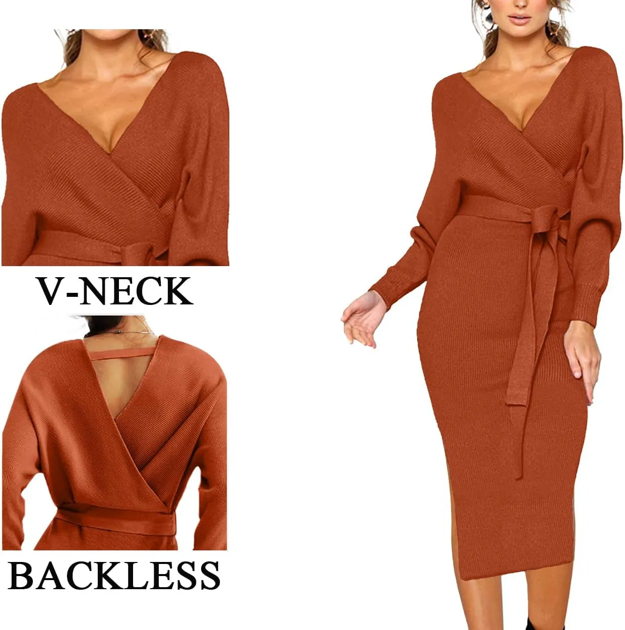 CHERFLY Women's V Neck Sweater Dresses Batwing Long Sleeve Backless Bodycon Long Dress with Belt