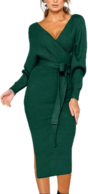 CHERFLY Women's V Neck Sweater Dresses Batwing Long Sleeve Backless Bodycon Long Dress with Belt