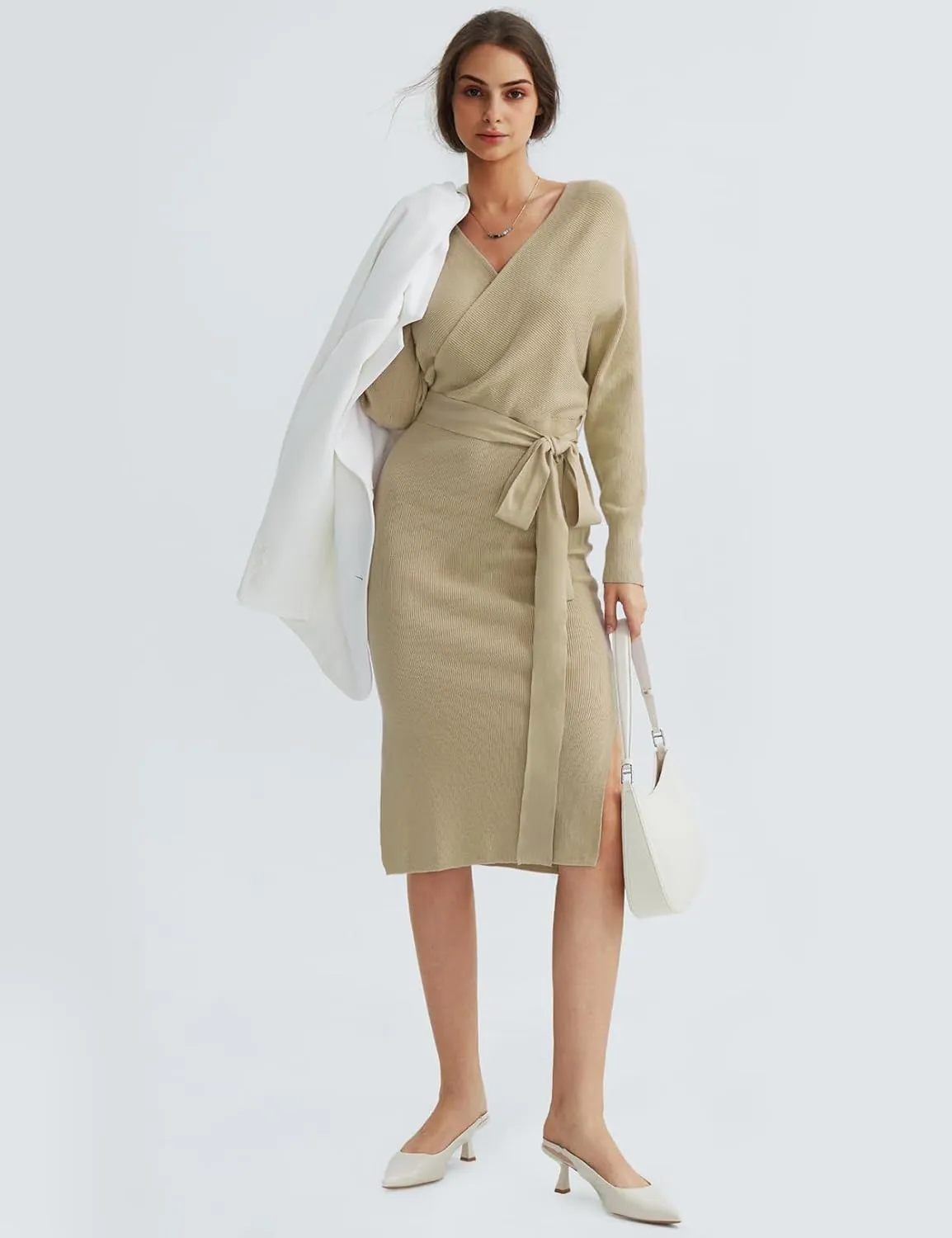 CHERFLY Women's V Neck Sweater Dresses Batwing Long Sleeve Backless Bodycon Long Dress with Belt