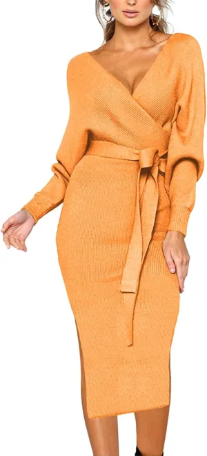 CHERFLY Women's V Neck Sweater Dresses Batwing Long Sleeve Backless Bodycon Long Dress with Belt