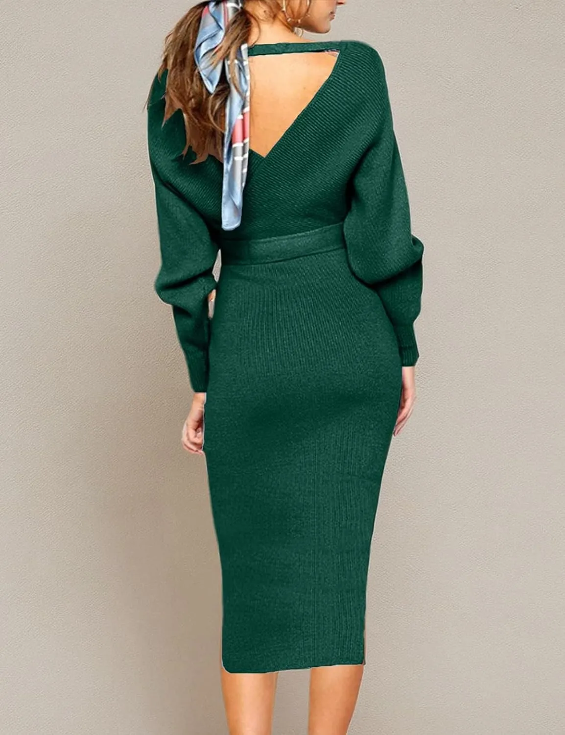 CHERFLY Women's V Neck Sweater Dresses Batwing Long Sleeve Backless Bodycon Long Dress with Belt