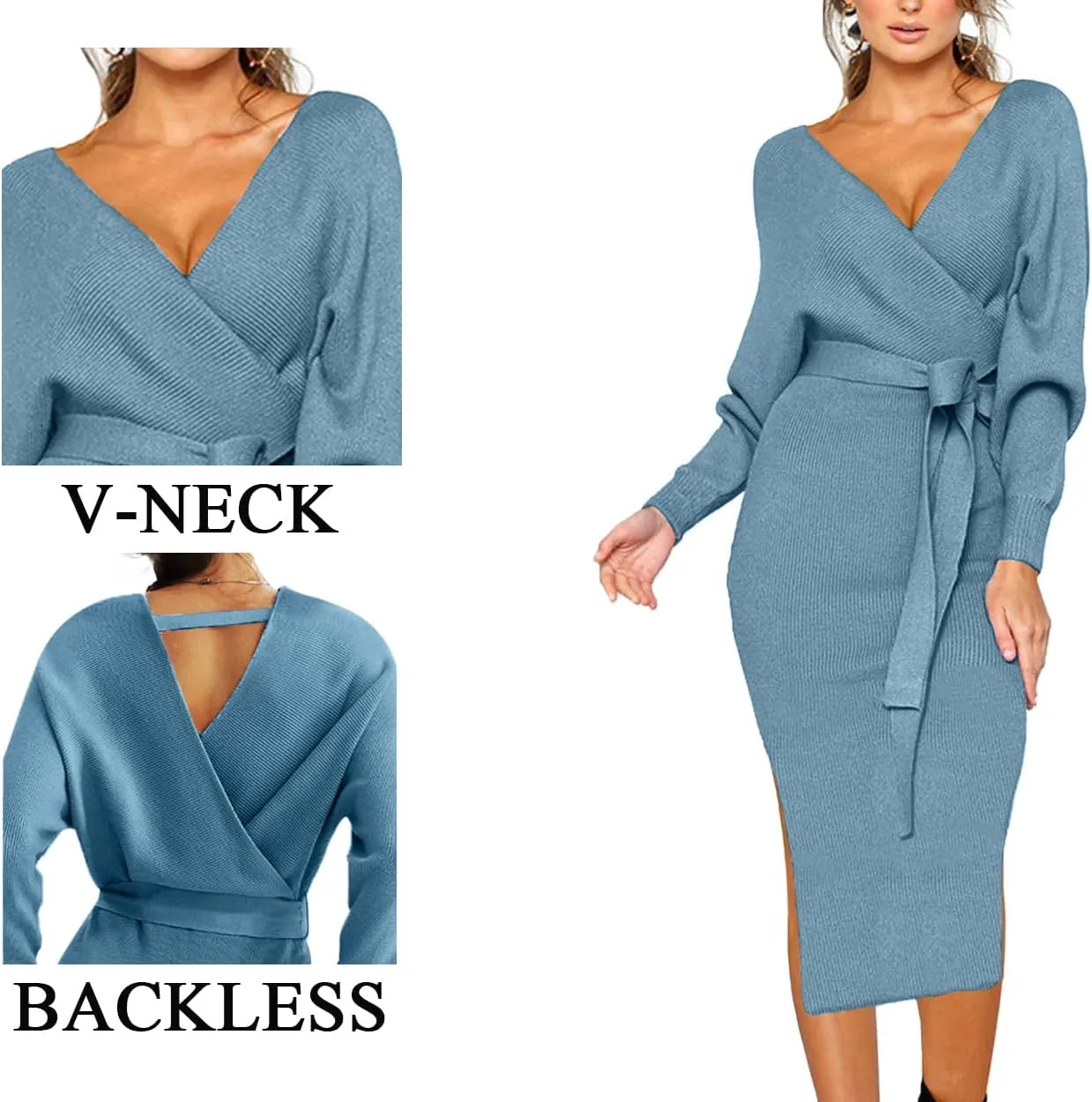 CHERFLY Women's V Neck Sweater Dresses Batwing Long Sleeve Backless Bodycon Long Dress with Belt