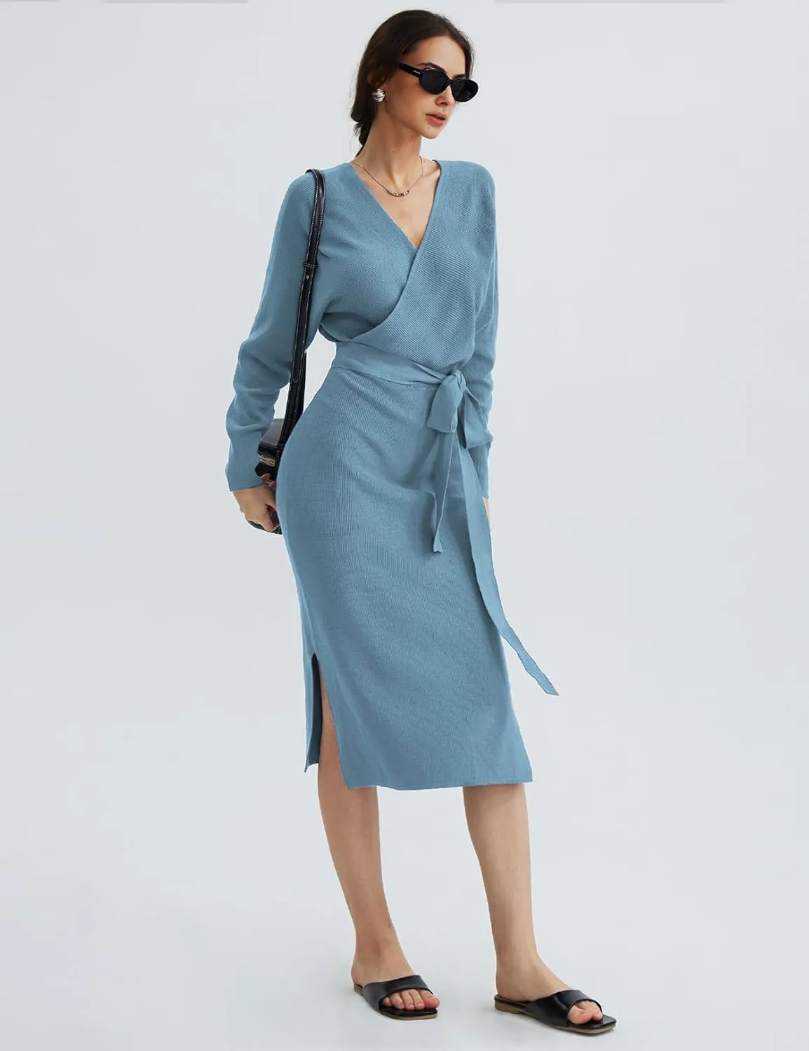 CHERFLY Women's V Neck Sweater Dresses Batwing Long Sleeve Backless Bodycon Long Dress with Belt