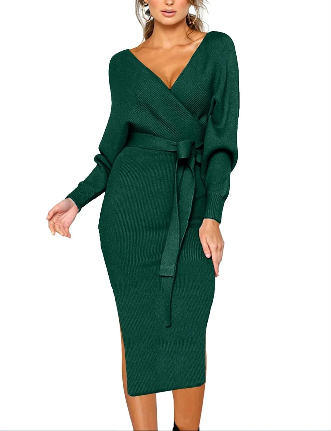 CHERFLY Women's V Neck Sweater Dresses Batwing Long Sleeve Backless Bodycon Long Dress with Belt