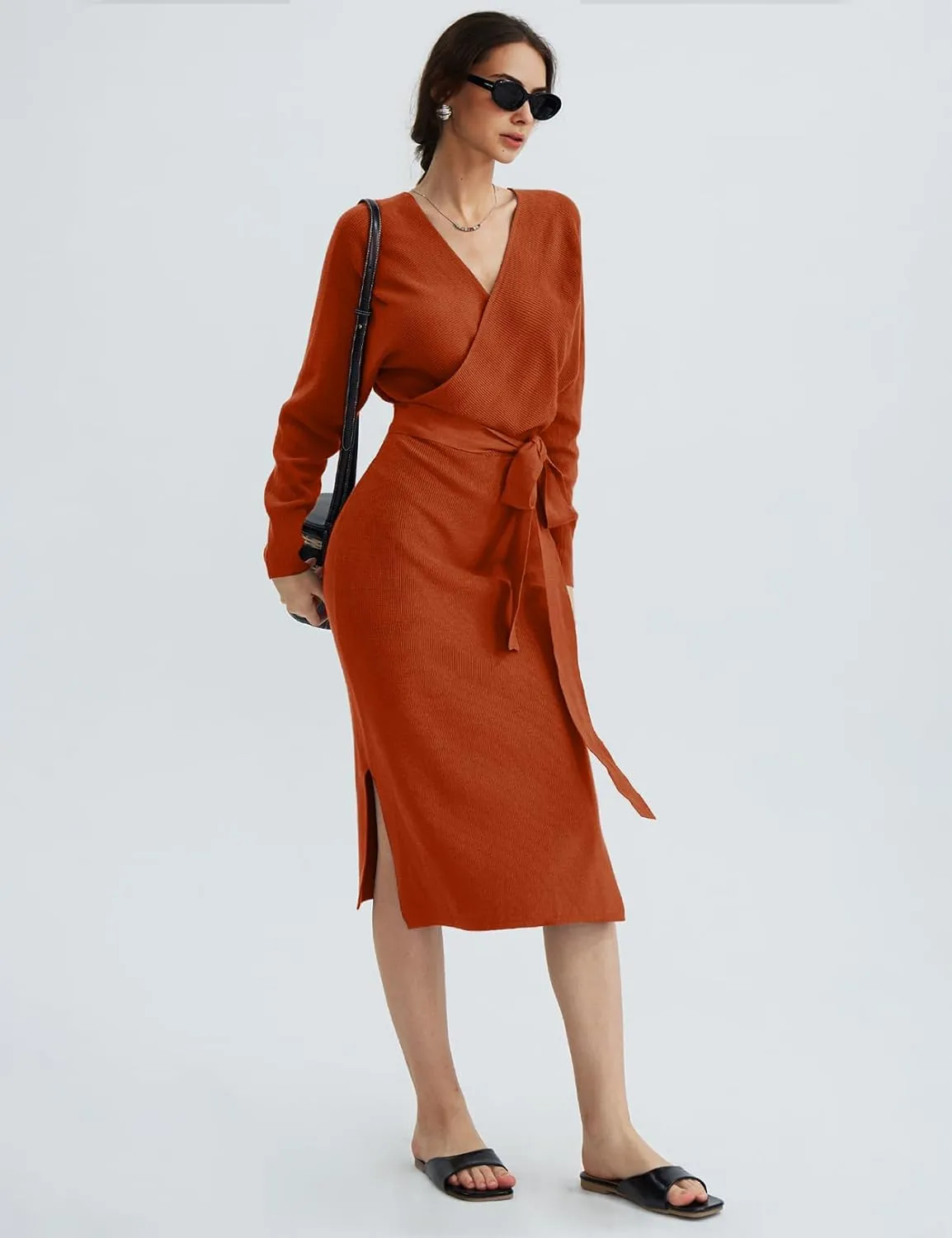 CHERFLY Women's V Neck Sweater Dresses Batwing Long Sleeve Backless Bodycon Long Dress with Belt