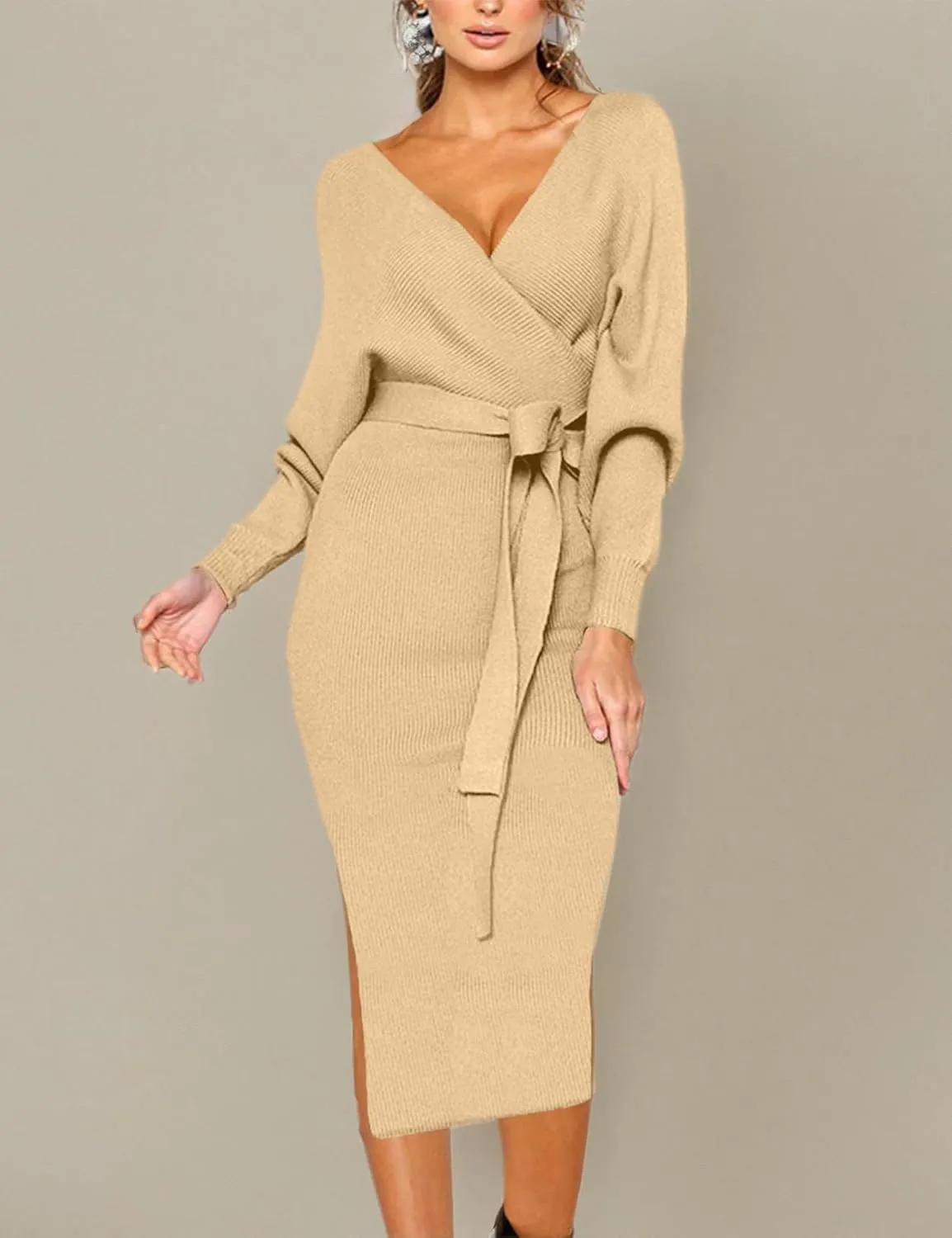 CHERFLY Women's V Neck Sweater Dresses Batwing Long Sleeve Backless Bodycon Long Dress with Belt
