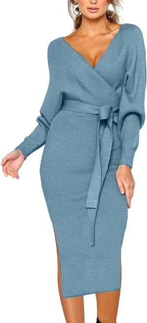 CHERFLY Women's V Neck Sweater Dresses Batwing Long Sleeve Backless Bodycon Long Dress with Belt