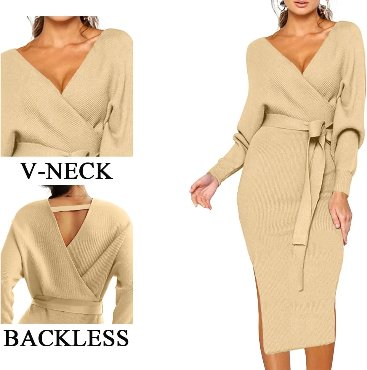 CHERFLY Women's V Neck Sweater Dresses Batwing Long Sleeve Backless Bodycon Long Dress with Belt