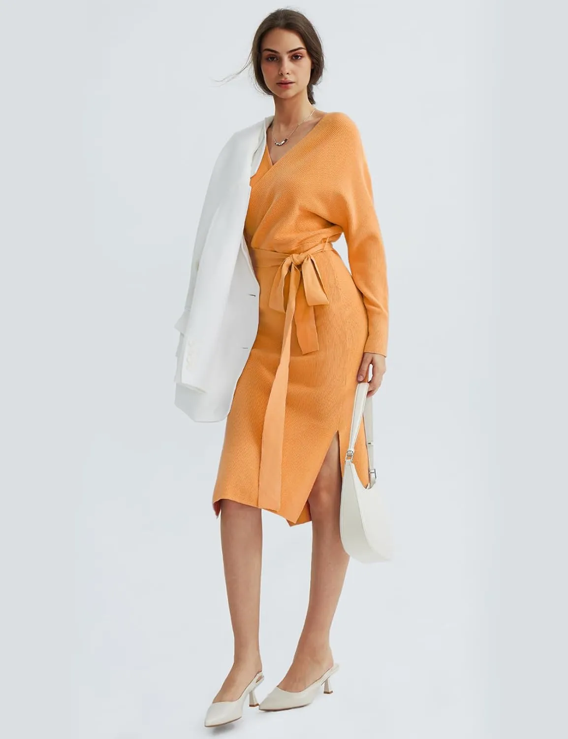 CHERFLY Women's V Neck Sweater Dresses Batwing Long Sleeve Backless Bodycon Long Dress with Belt