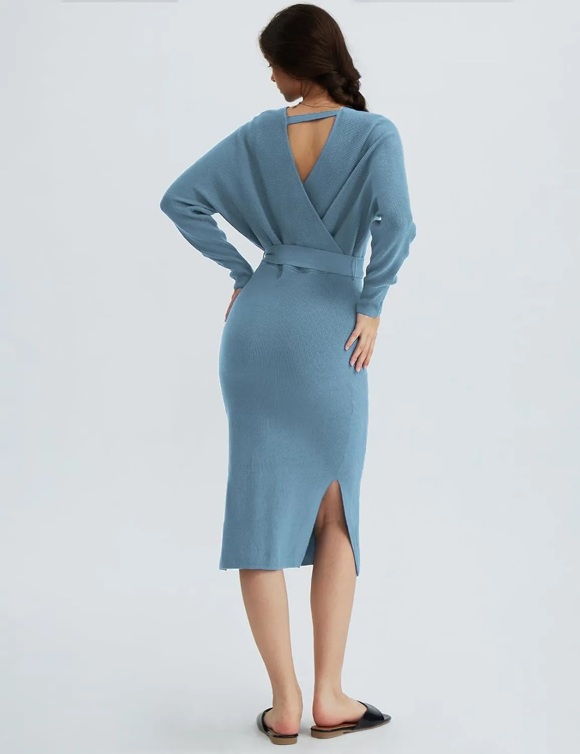 CHERFLY Women's V Neck Sweater Dresses Batwing Long Sleeve Backless Bodycon Long Dress with Belt