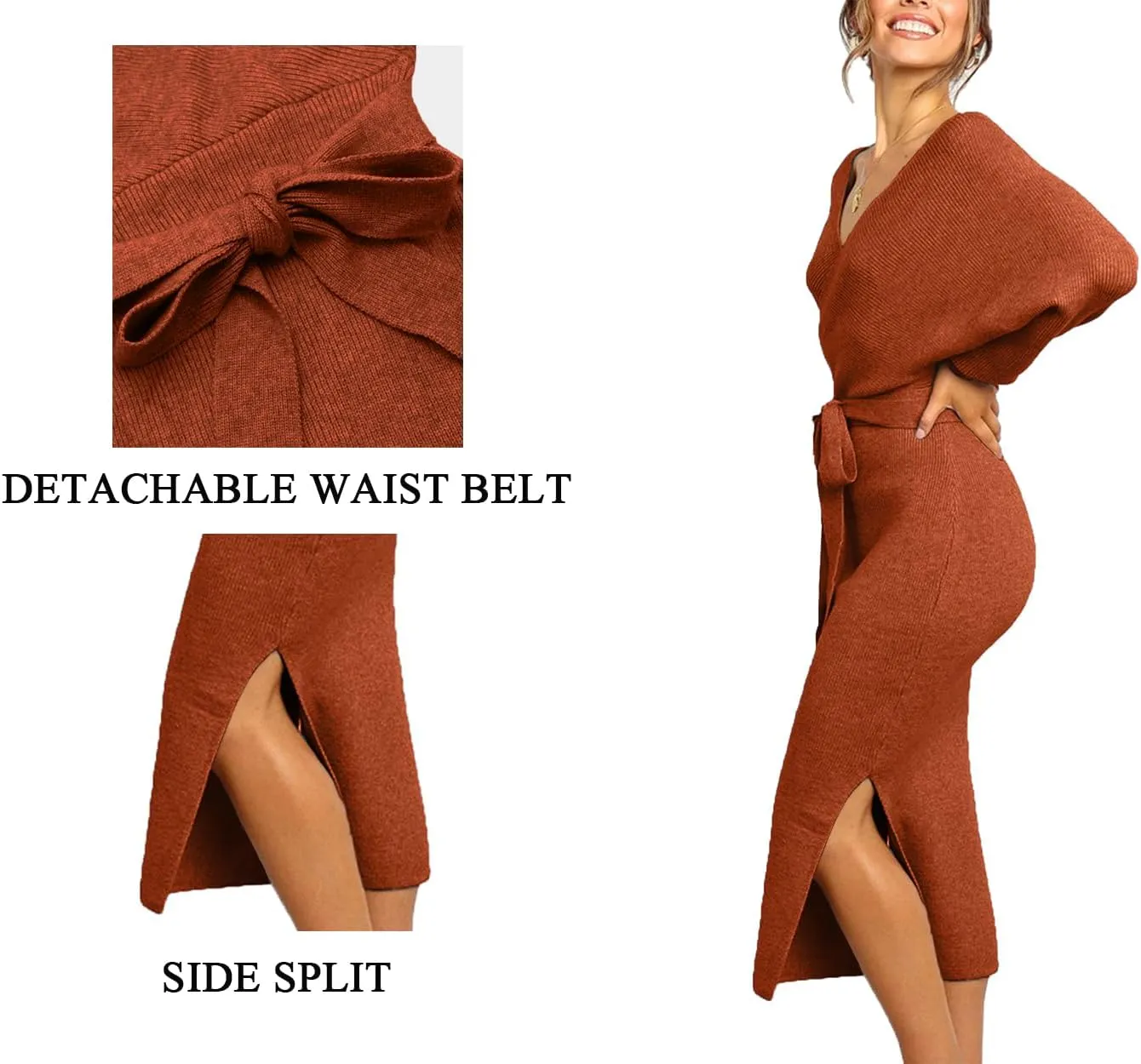 CHERFLY Women's V Neck Sweater Dresses Batwing Long Sleeve Backless Bodycon Long Dress with Belt