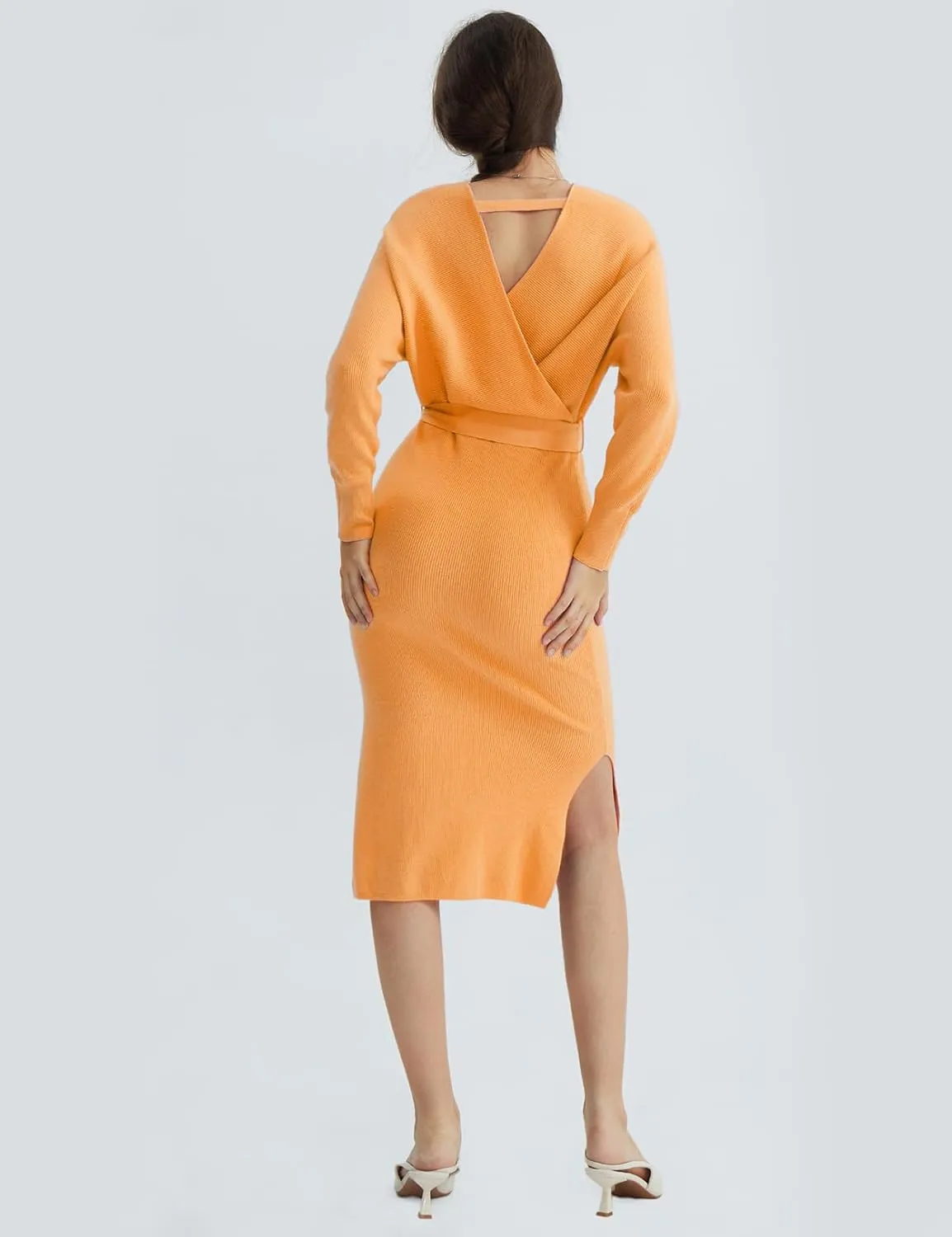 CHERFLY Women's V Neck Sweater Dresses Batwing Long Sleeve Backless Bodycon Long Dress with Belt