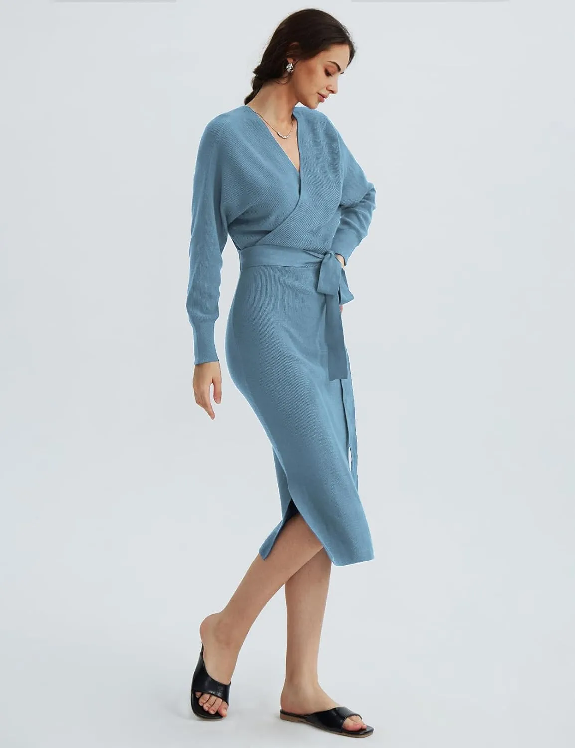 CHERFLY Women's V Neck Sweater Dresses Batwing Long Sleeve Backless Bodycon Long Dress with Belt