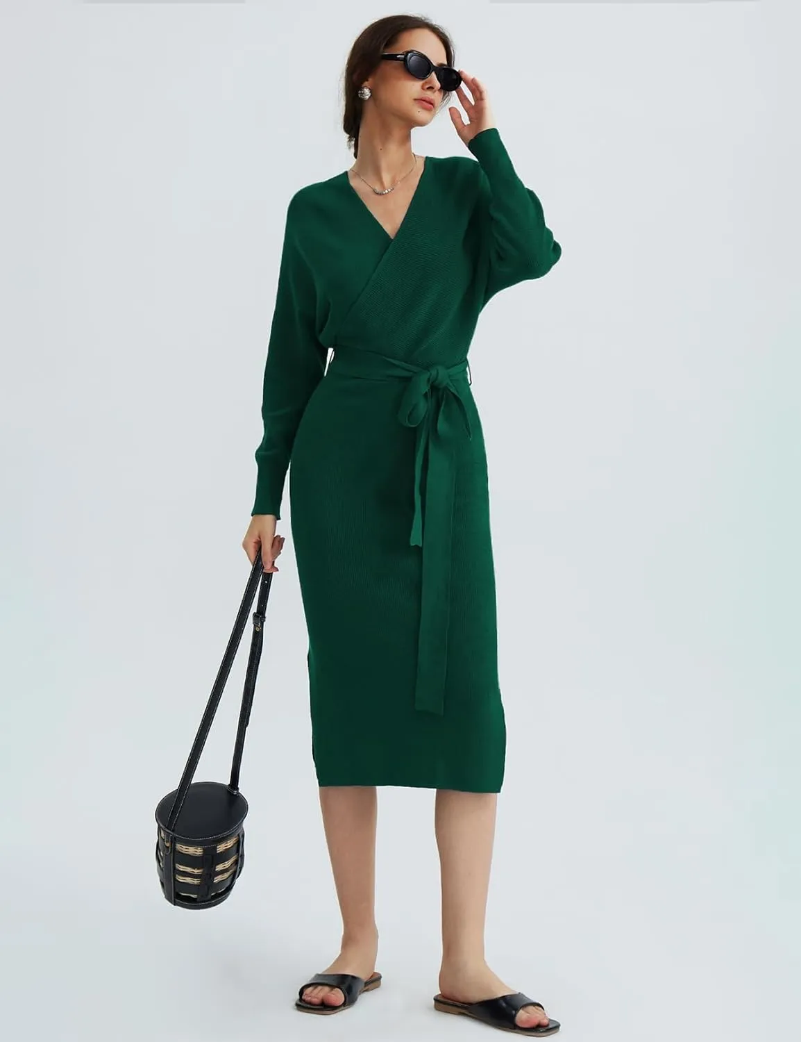 CHERFLY Women's V Neck Sweater Dresses Batwing Long Sleeve Backless Bodycon Long Dress with Belt