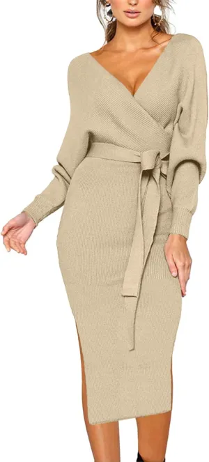 CHERFLY Women's V Neck Sweater Dresses Batwing Long Sleeve Backless Bodycon Long Dress with Belt
