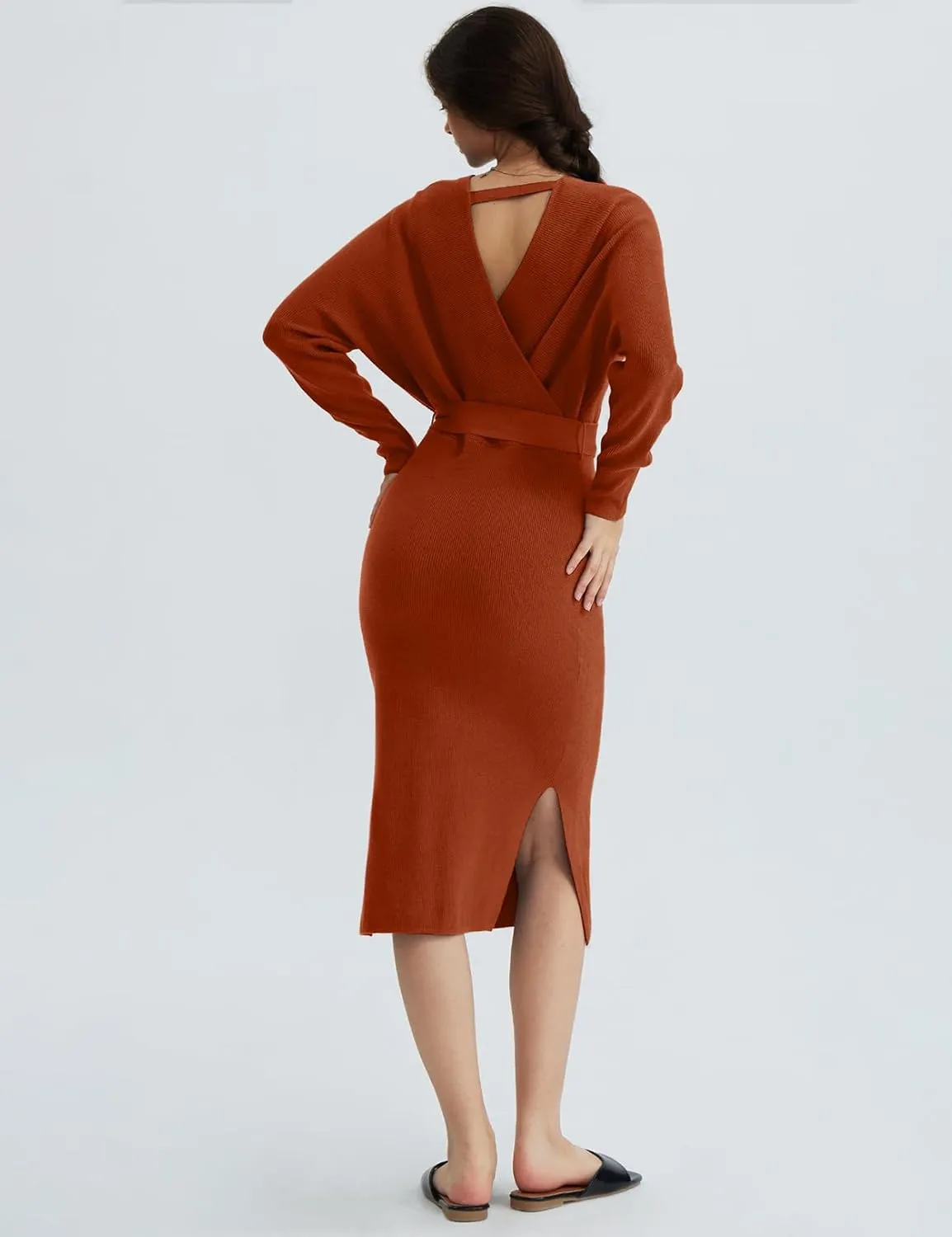CHERFLY Women's V Neck Sweater Dresses Batwing Long Sleeve Backless Bodycon Long Dress with Belt