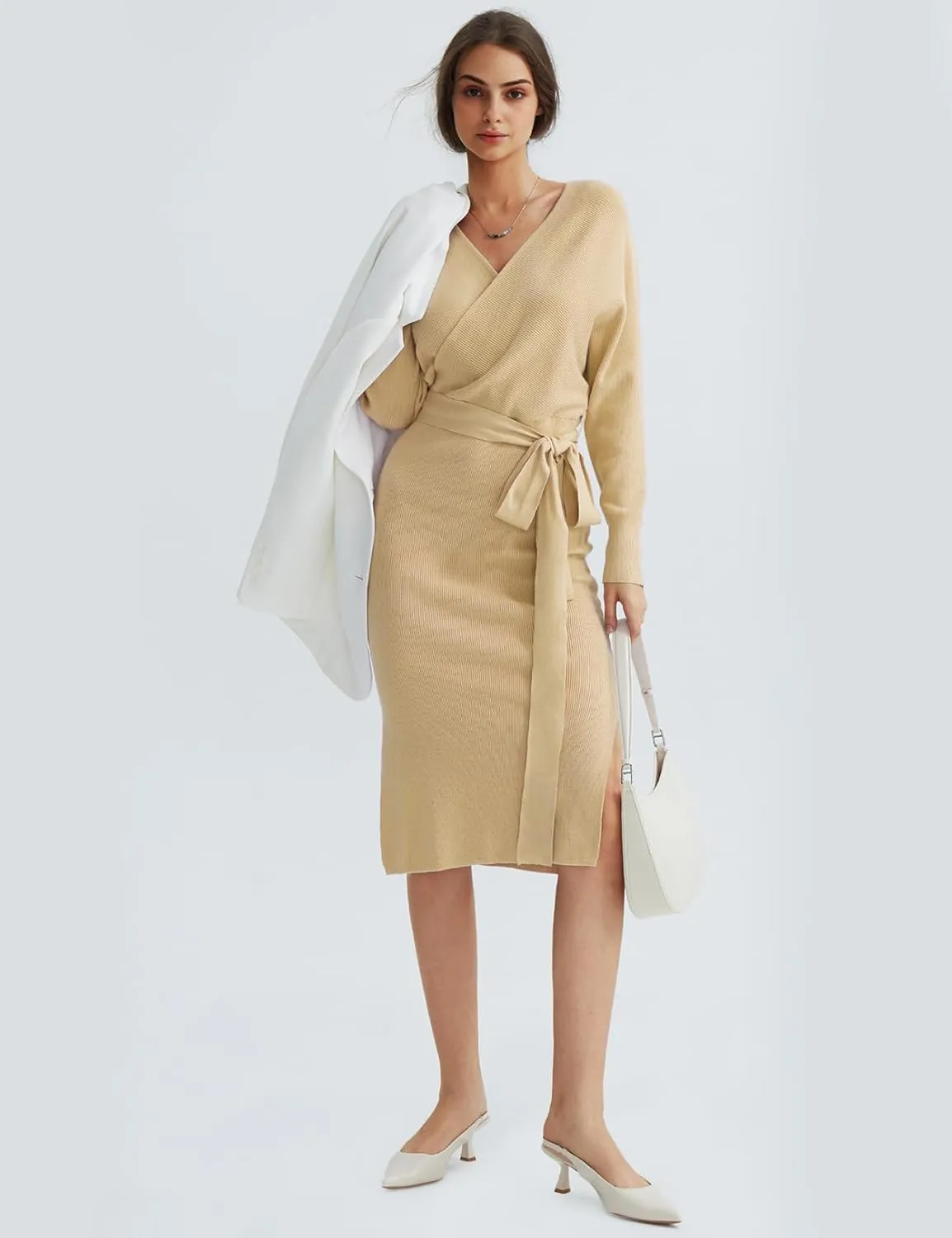CHERFLY Women's V Neck Sweater Dresses Batwing Long Sleeve Backless Bodycon Long Dress with Belt
