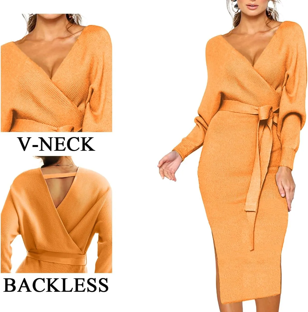 CHERFLY Women's V Neck Sweater Dresses Batwing Long Sleeve Backless Bodycon Long Dress with Belt