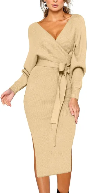 CHERFLY Women's V Neck Sweater Dresses Batwing Long Sleeve Backless Bodycon Long Dress with Belt