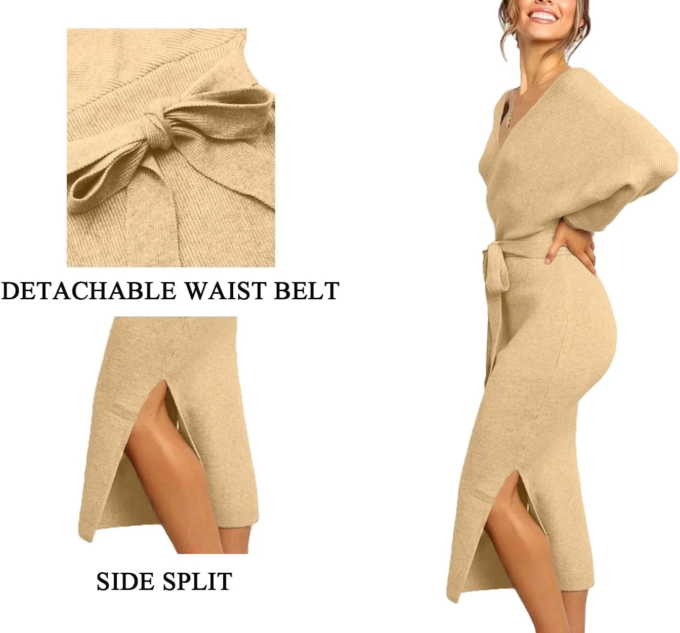 CHERFLY Women's V Neck Sweater Dresses Batwing Long Sleeve Backless Bodycon Long Dress with Belt