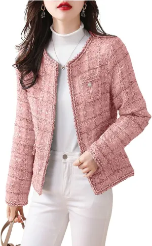 chouyatou Women's Elegant Open Front Tweed Jacket Slim Collarless Bussiness Casual Blazer Jacket