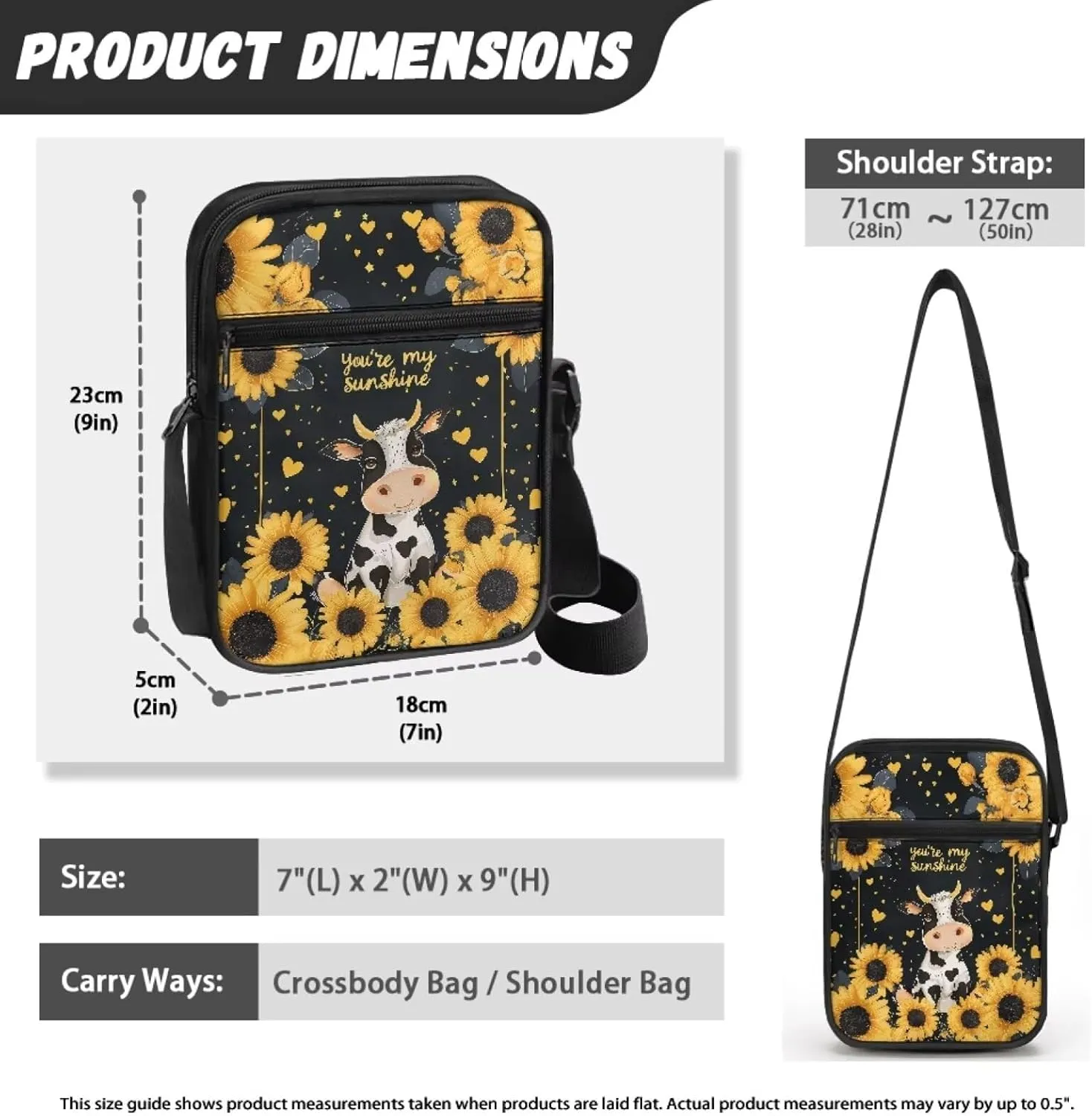 Cow Print Small Crossbody Shoulder Bag for Women Men Polyester Messenger Bags with Pockets