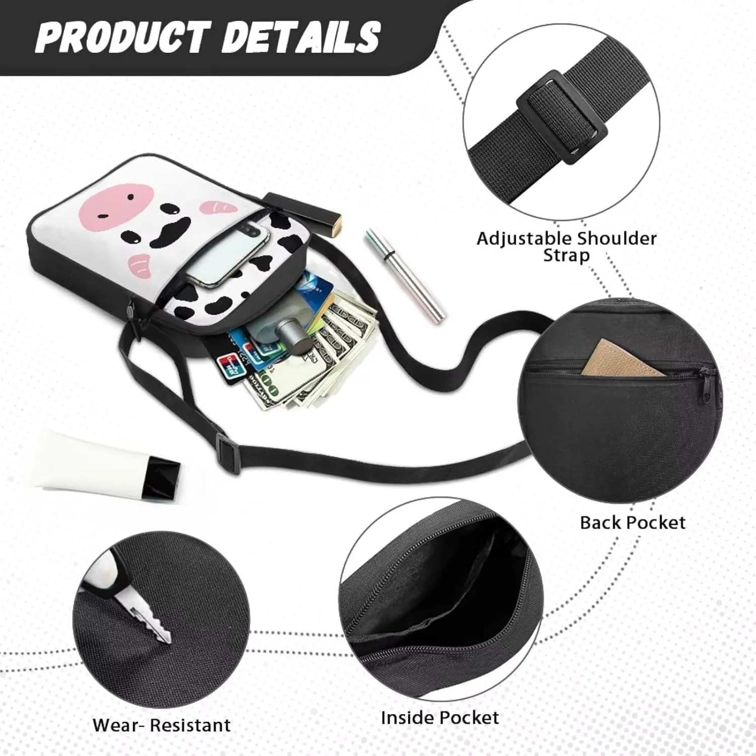 Cow Print Small Crossbody Shoulder Bag for Women Men Polyester Messenger Bags with Pockets