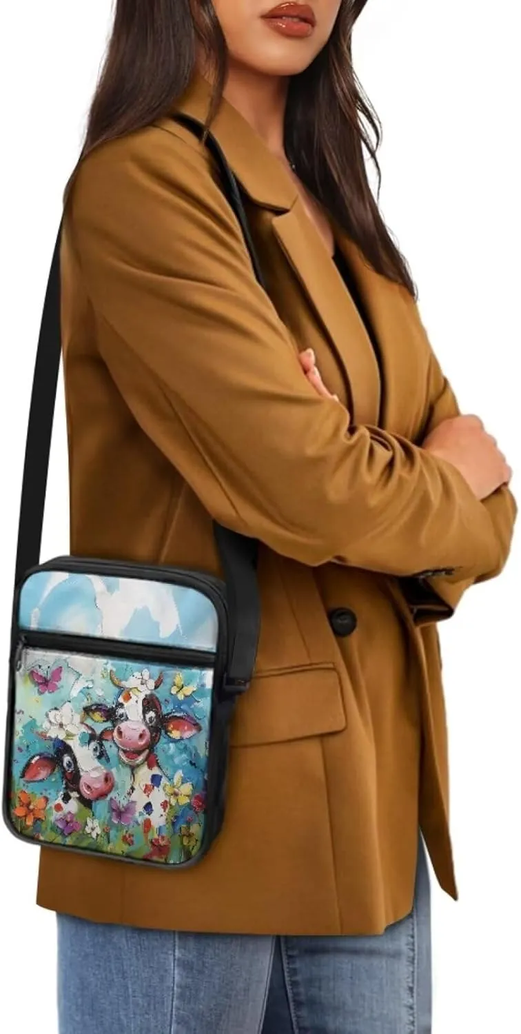 Cow Print Small Crossbody Shoulder Bag for Women Men Polyester Messenger Bags with Pockets