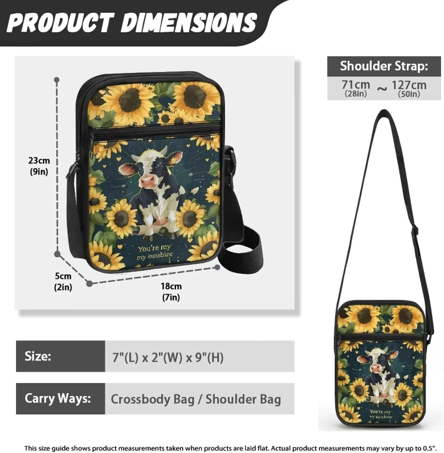 Cow Print Small Crossbody Shoulder Bag for Women Men Polyester Messenger Bags with Pockets