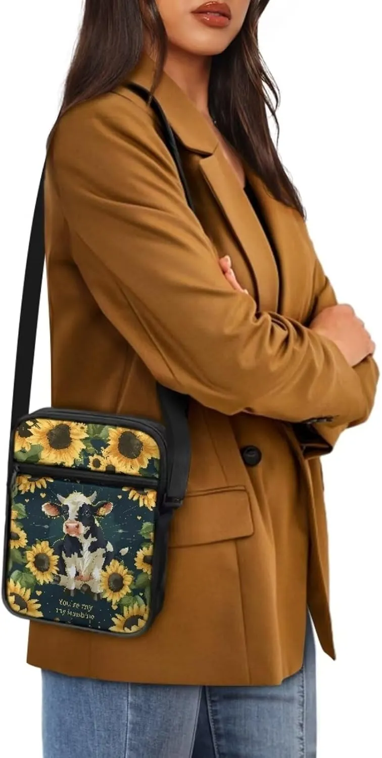 Cow Print Small Crossbody Shoulder Bag for Women Men Polyester Messenger Bags with Pockets