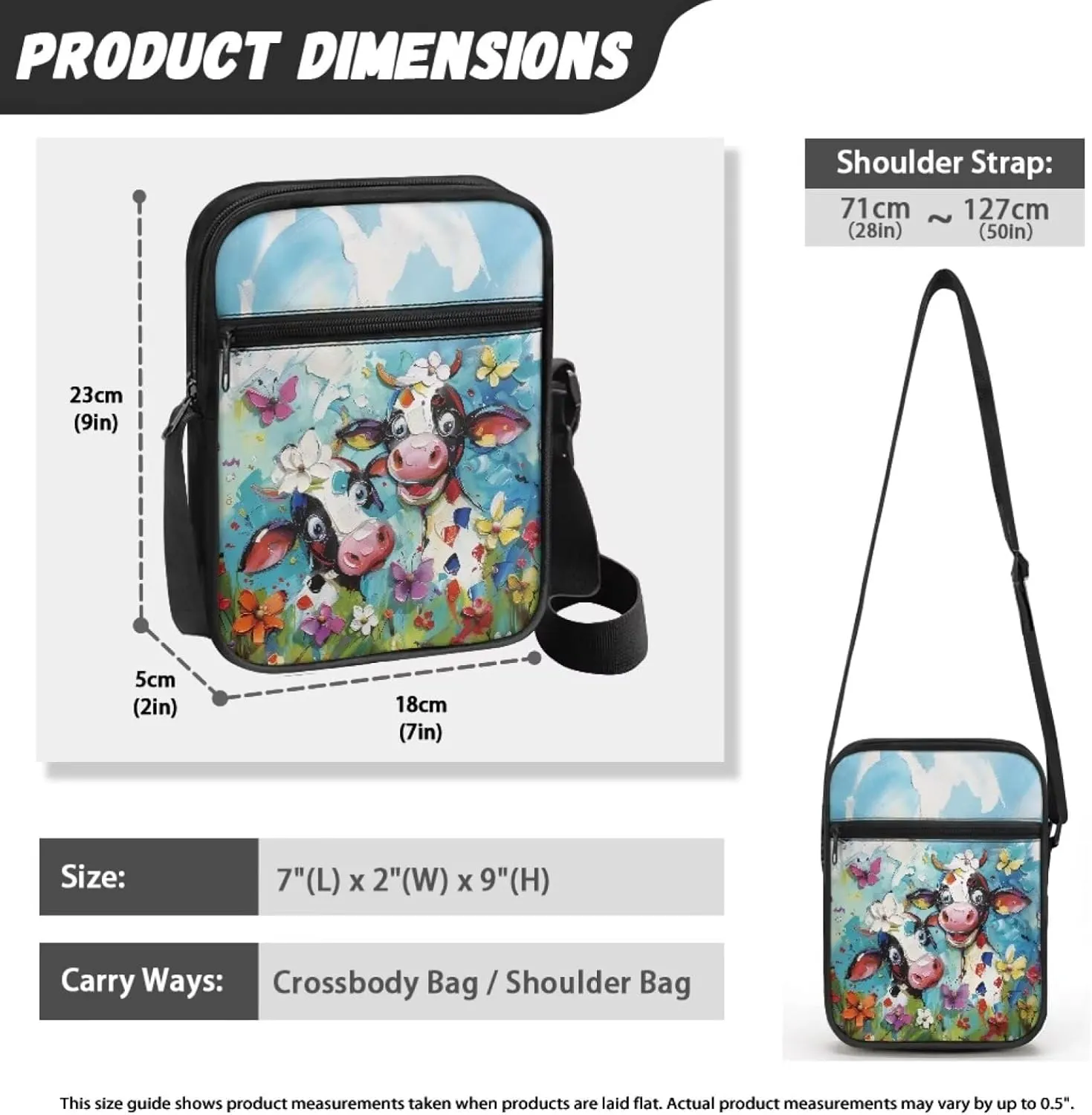 Cow Print Small Crossbody Shoulder Bag for Women Men Polyester Messenger Bags with Pockets