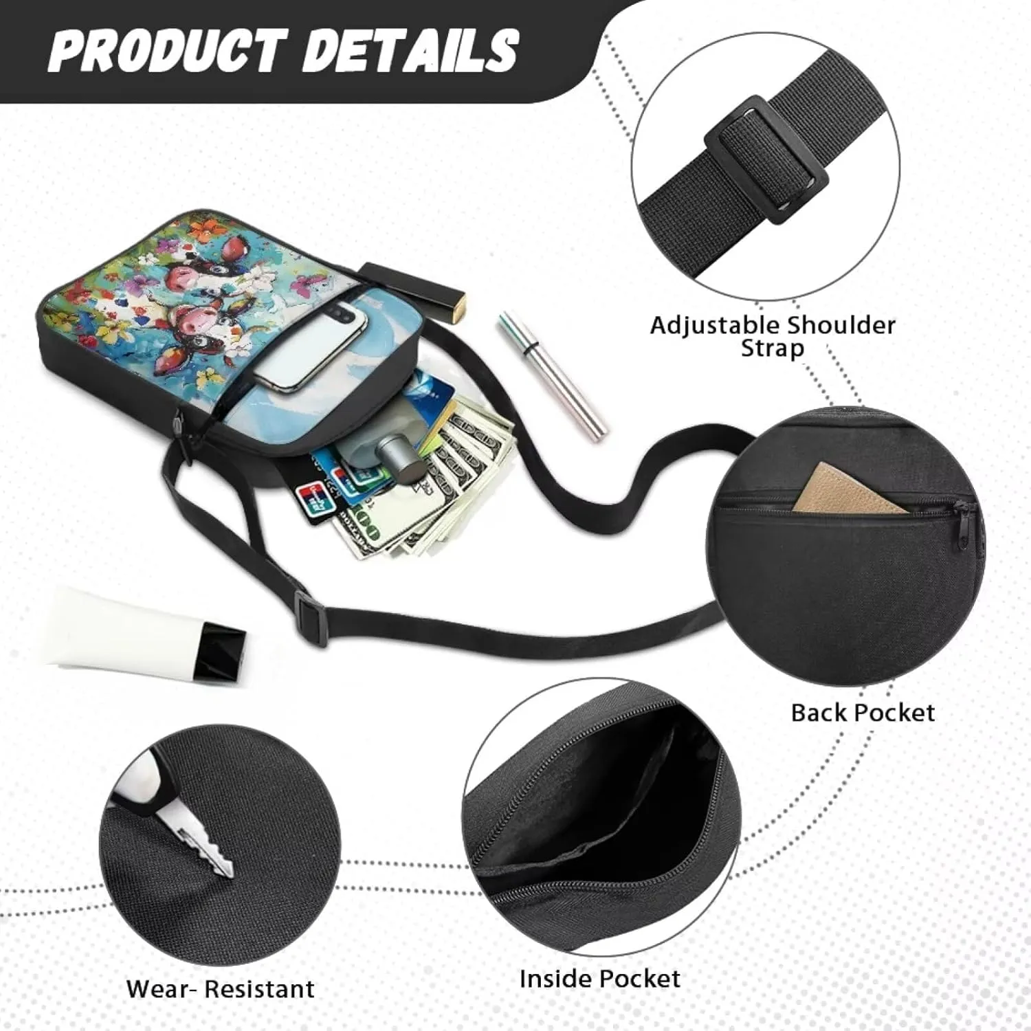 Cow Print Small Crossbody Shoulder Bag for Women Men Polyester Messenger Bags with Pockets