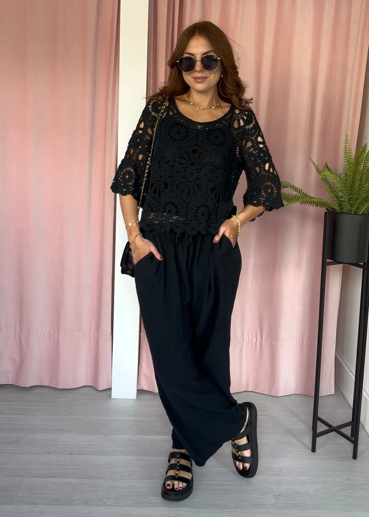 Crochet Top & Vest Set - Black