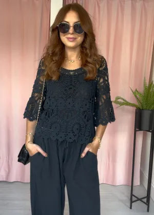 Crochet Top & Vest Set - Black