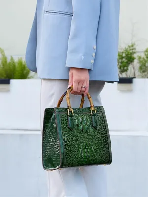 Crocodile Pattern Leather Women's Bag Bamboo Top-Handle Satchel Handbags Portable Tote Bag Shoulder Messenger Bags