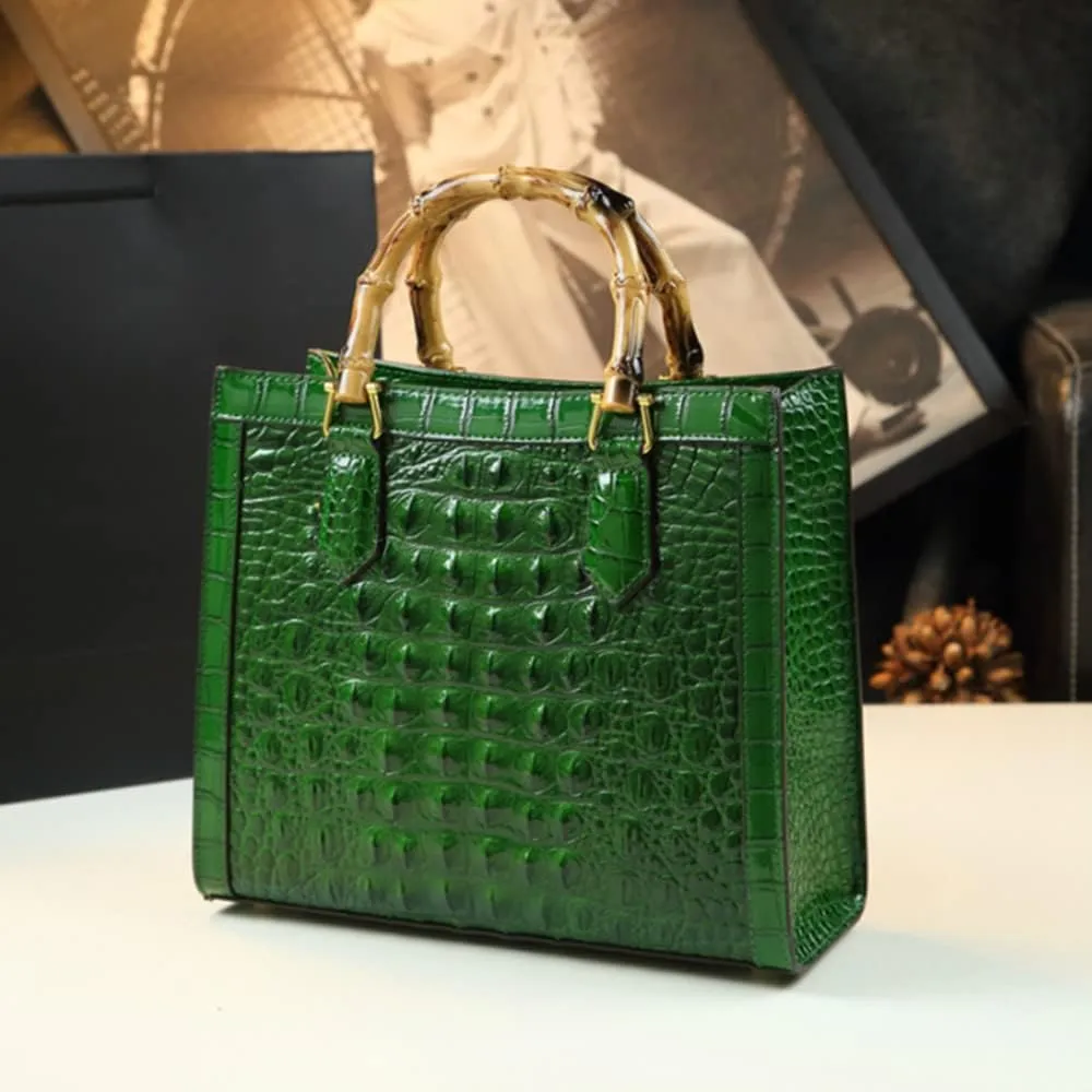 Crocodile Pattern Leather Women's Bag Bamboo Top-Handle Satchel Handbags Portable Tote Bag Shoulder Messenger Bags