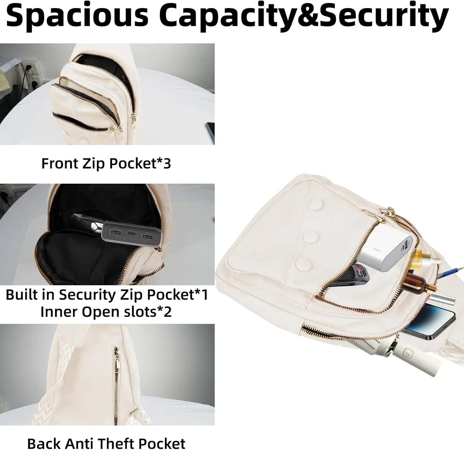 Crossbody Sling Bag for Women Men Crossbody Bag Fanny Packs Purses Fashion Multifunction Faux Leather Chest Bag Travel Anti Theft (Off-white)