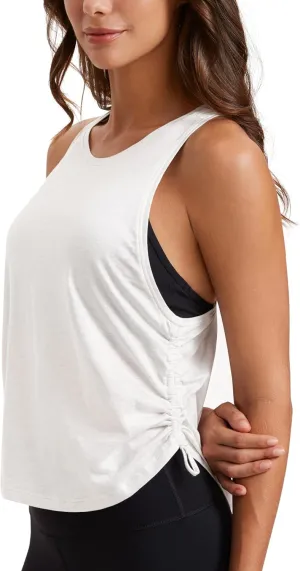 CRZ YOGA Pima Cotton Women Racerback Sleeveless Workout Tops Crew Neck Ruched Side Tanks Athletic Casual Loose Shirts
