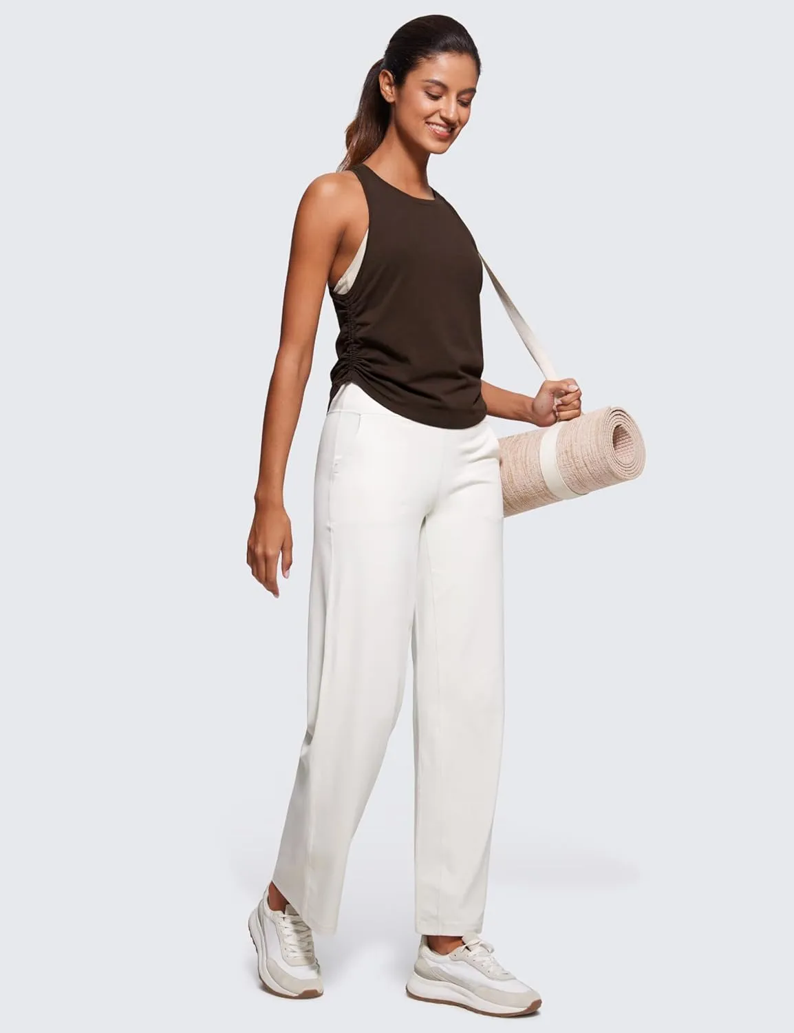 CRZ YOGA Pima Cotton Women Racerback Sleeveless Workout Tops Crew Neck Ruched Side Tanks Athletic Casual Loose Shirts