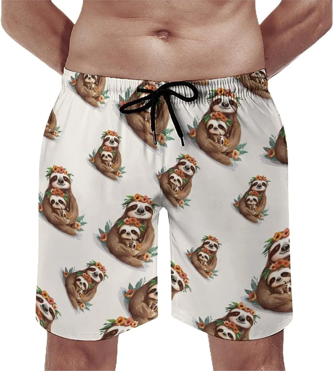 Cute Sloths Print Men's Swim Trunks Quick Dry Board Shorts Breathable Summer Beach Shorts Bathing Suits