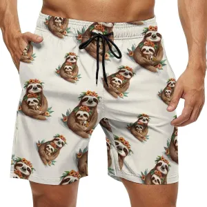 Cute Sloths Print Men's Swim Trunks Quick Dry Board Shorts Breathable Summer Beach Shorts Bathing Suits