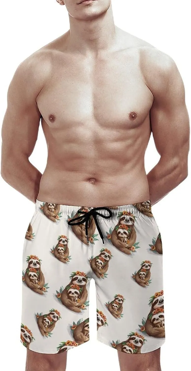 Cute Sloths Print Men's Swim Trunks Quick Dry Board Shorts Breathable Summer Beach Shorts Bathing Suits