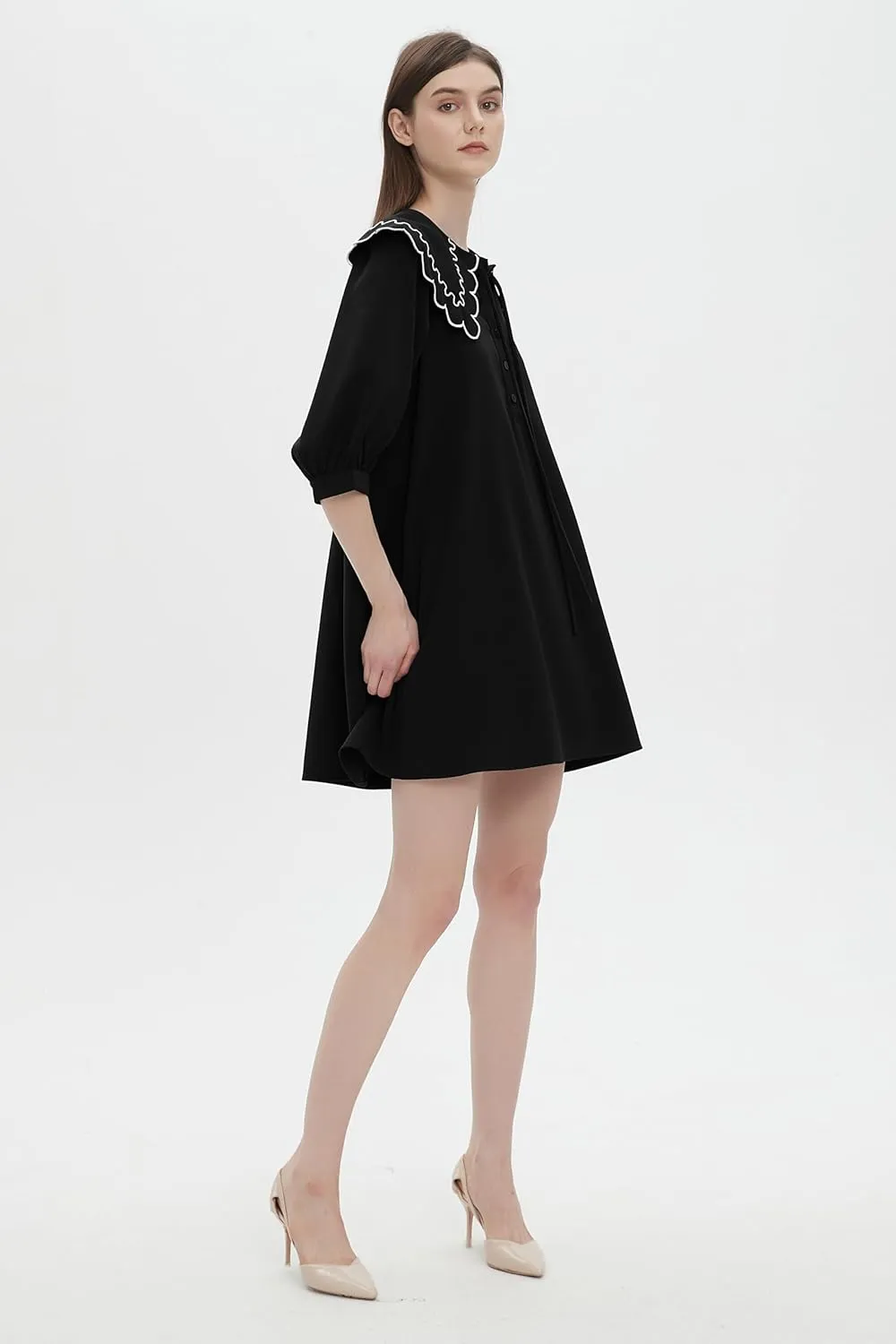D-Sun Women's Mini Dress 3/4 Sleeves Doll Collar Front Ties Buttons Loose Summer Babydoll Mini Dress