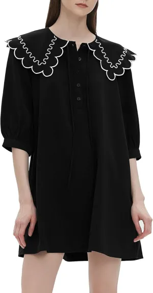 D-Sun Women's Mini Dress 3/4 Sleeves Doll Collar Front Ties Buttons Loose Summer Babydoll Mini Dress
