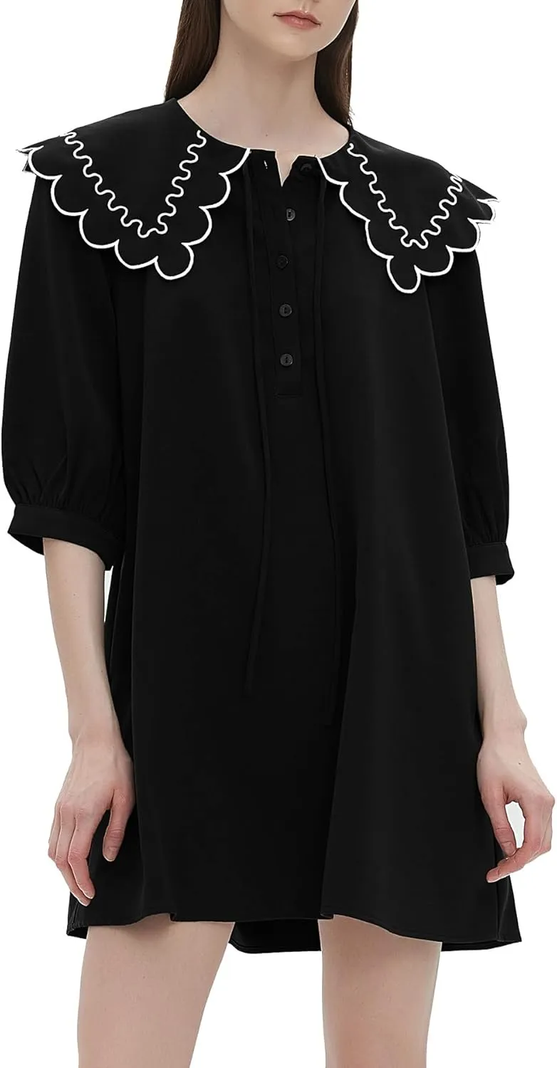 D-Sun Women's Mini Dress 3/4 Sleeves Doll Collar Front Ties Buttons Loose Summer Babydoll Mini Dress
