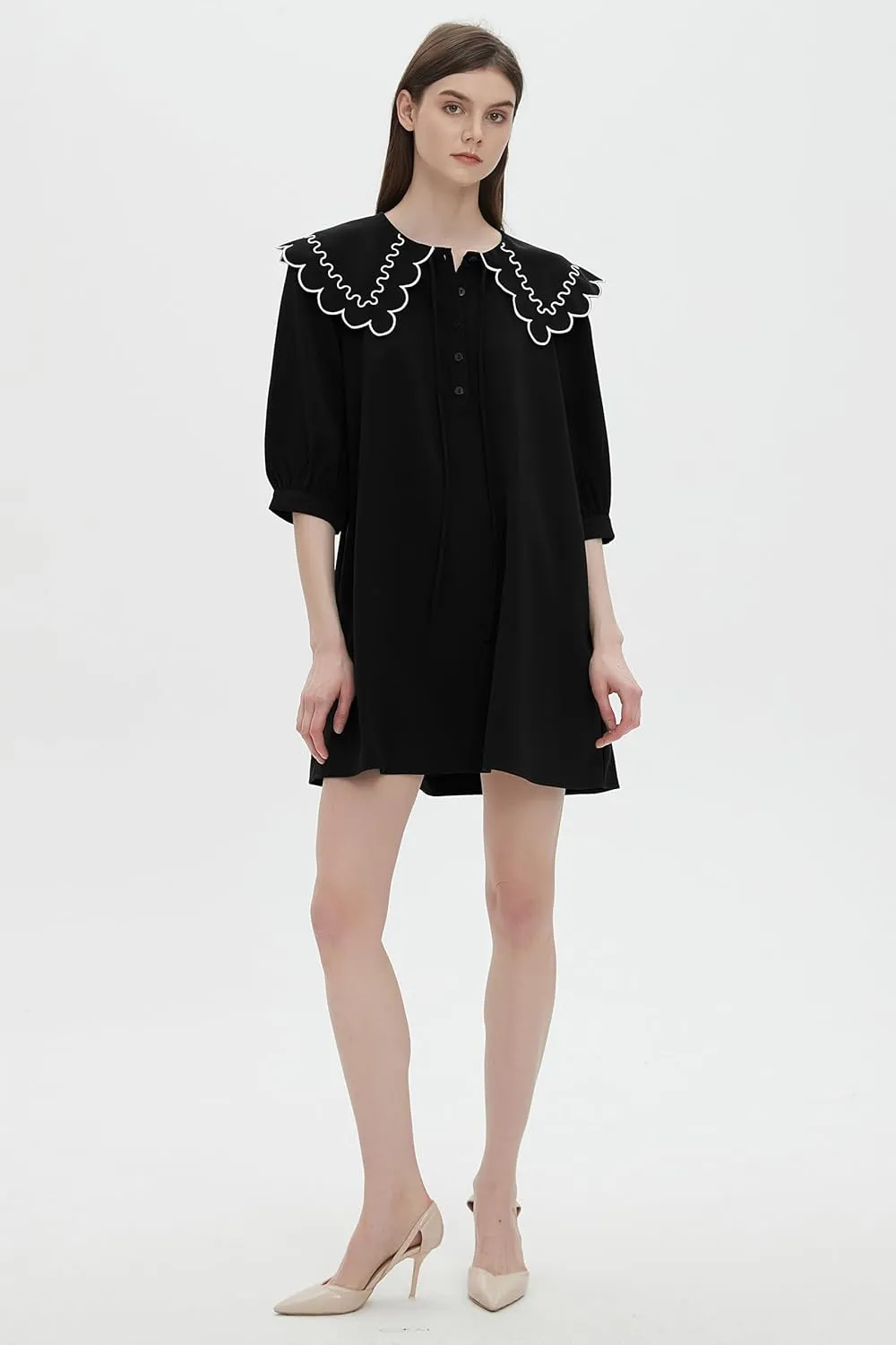 D-Sun Women's Mini Dress 3/4 Sleeves Doll Collar Front Ties Buttons Loose Summer Babydoll Mini Dress